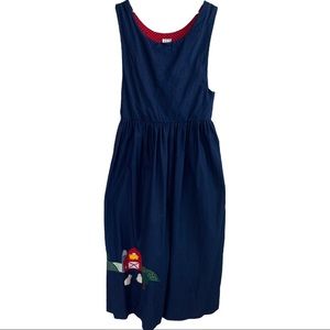 Betsy’s Farm Scene Denim Maxi Long Jumper Pinafore Dress Women’s Sz L USA Made.